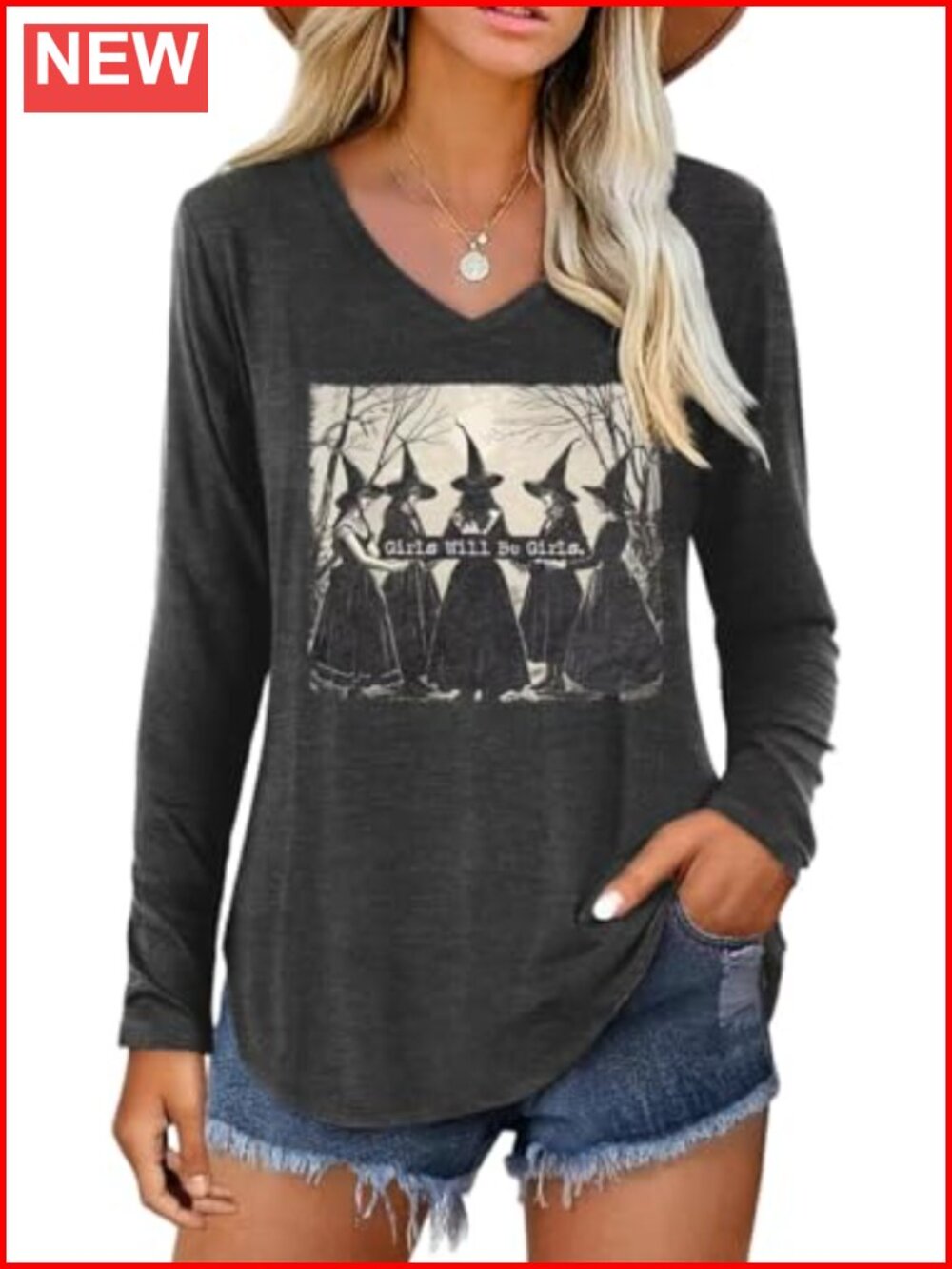 Womens Halloween Graphic Long Sleeve V-Neck T-Shirt Cotton Blend Fall